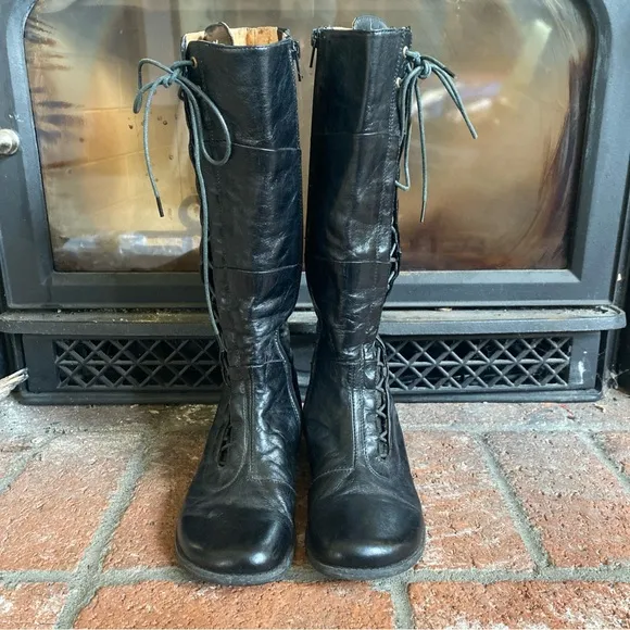 MIZ MOOZ BLITZ Black Leather Tall Full Zip Lace zip Wedge Boots SZ 6 RARE FIND!