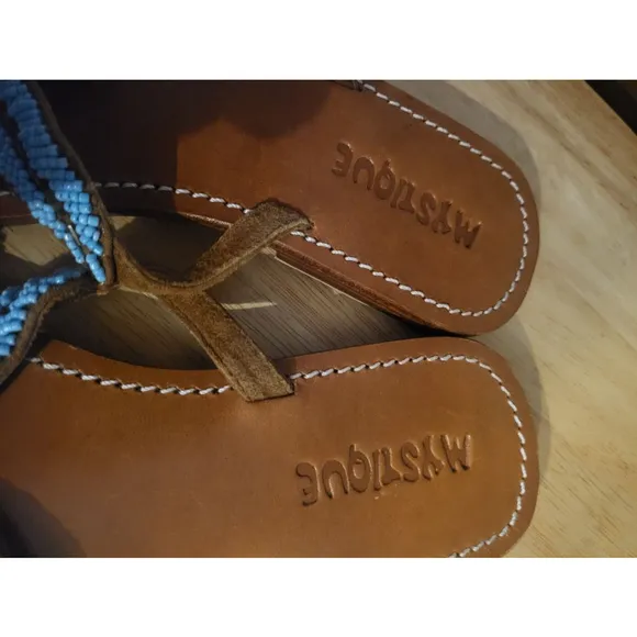 Mystique Thong Brown Leather Sandals w/ Turquoise Beaded Starfish Size 7