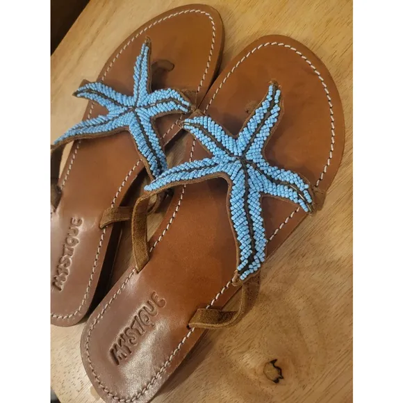 Mystique Thong Brown Leather Sandals w/ Turquoise Beaded Starfish Size 7