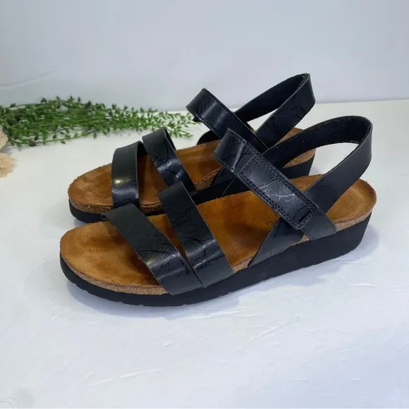 Naot Israel Sharon Black Thread Cork Leather Sandals Size 38 US 7 With Box