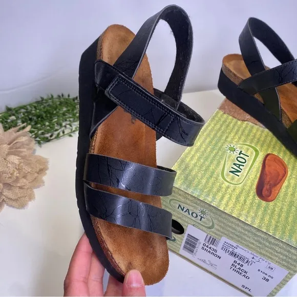 Naot Israel Sharon Black Thread Cork Leather Sandals Size 38 US 7 With Box