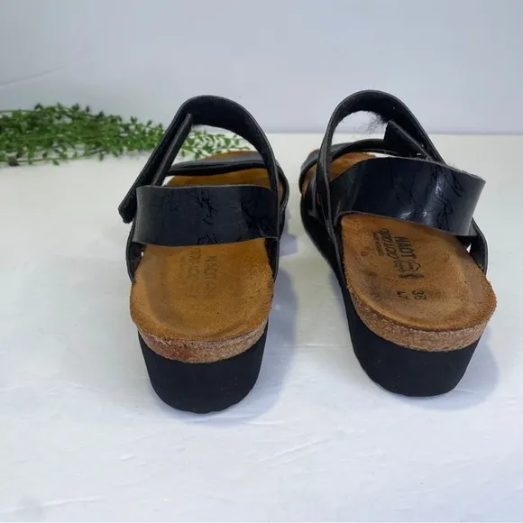 Naot Israel Sharon Black Thread Cork Leather Sandals Size 38 US 7 With Box