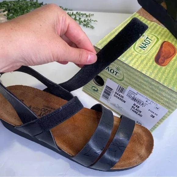 Naot Israel Sharon Black Thread Cork Leather Sandals Size 38 US 7 With Box