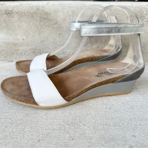NAOT Pixie Sandals White Silver Leather Size 11 Wedge Ankle‎ Strap Metallic
