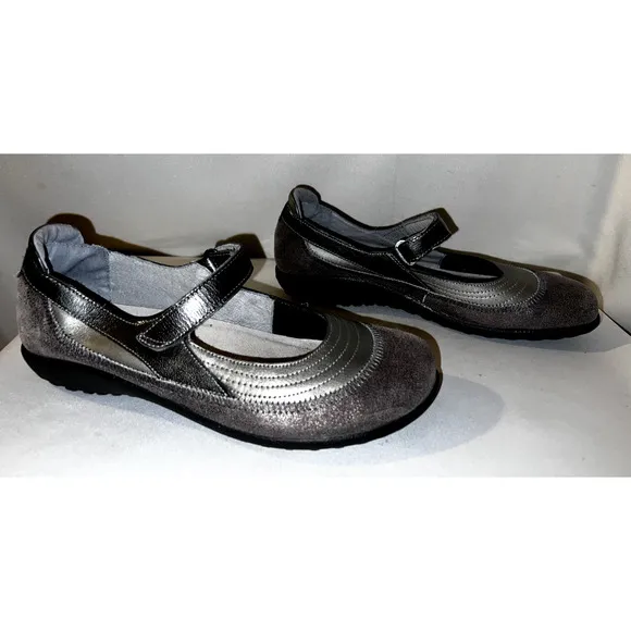 NAOT Shoes Women's Sz 9/40 Gray Grey Suede Patent Leather KIREI Mary Janes Flats