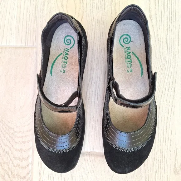 NAOT women's Kirei black Mary Jane flats with hook and loop strap- size 8