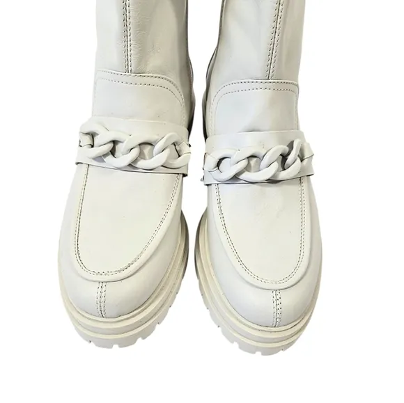 Napoleoni Off White Italian Leather Zipper-Chain Combat Boots