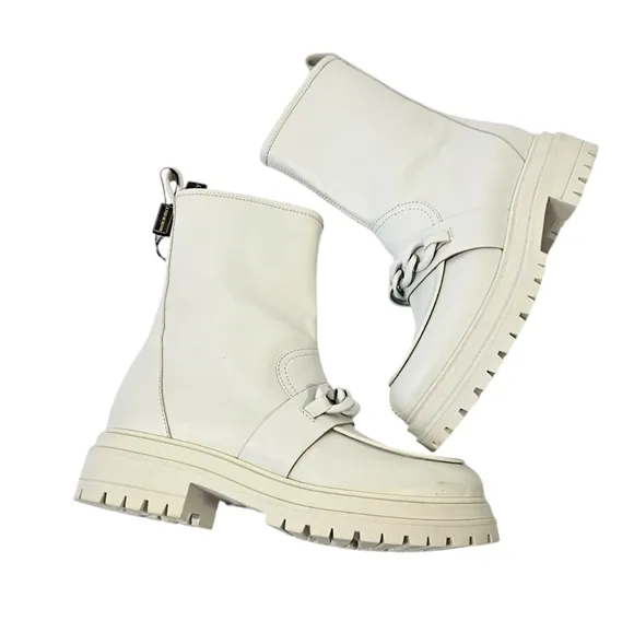 Napoleoni Off White Italian Leather Zipper-Chain Combat Boots