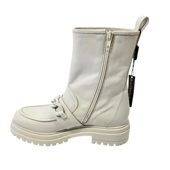 Napoleoni Off White Italian Leather Zipper-Chain Combat Boots