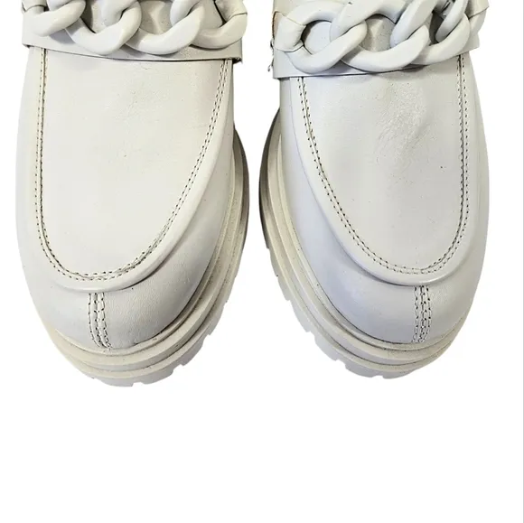 Napoleoni Off White Italian Leather Zipper-Chain Combat Boots