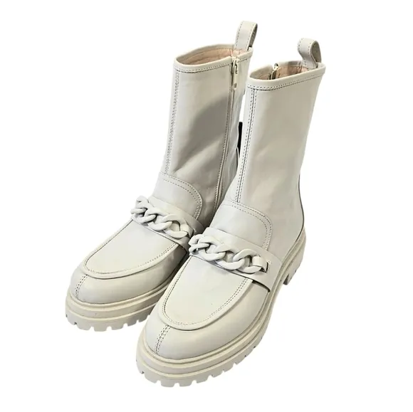 Napoleoni Off White Italian Leather Zipper-Chain Combat Boots