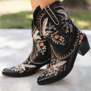 Nash Grey Embroidered Black Cowgirl Western Boots