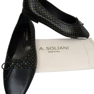 NEW A. SOLIANI Italy Como P Dotted Gold Black Leather Flats Dress Shoe Size 8