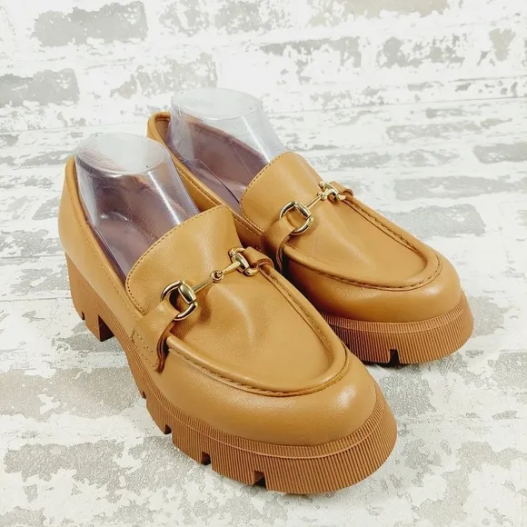 New BCBGeneration Raylin Brown Leather Chunky Sole Slip On Loafers O690