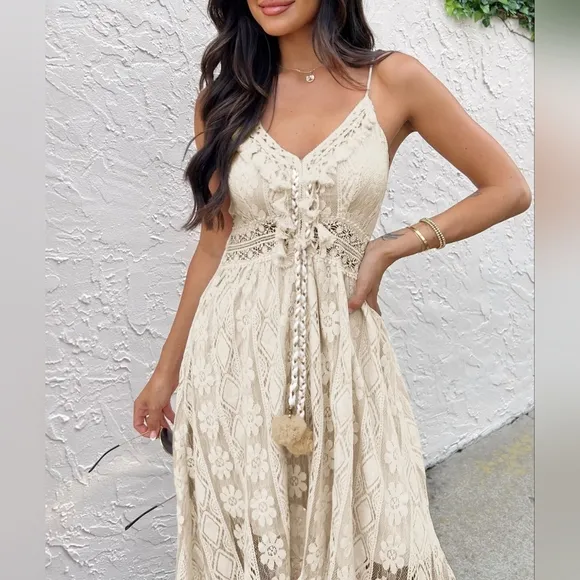New Boho Fringe Lace Festival Dress Sundress Cream Ivory Beige