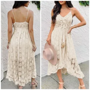 New Boho Fringe Lace Festival Dress Sundress Cream Ivory Beige