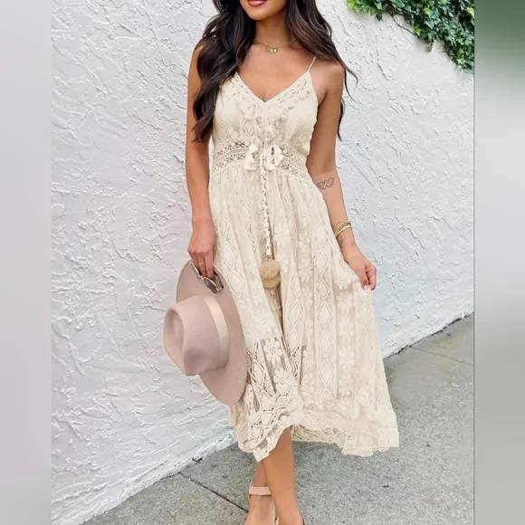 New Boho Fringe Lace Festival Dress Sundress Cream Ivory Beige