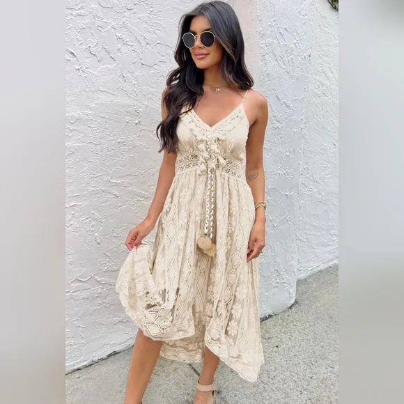 New Boho Fringe Lace Festival Dress Sundress Cream Ivory Beige