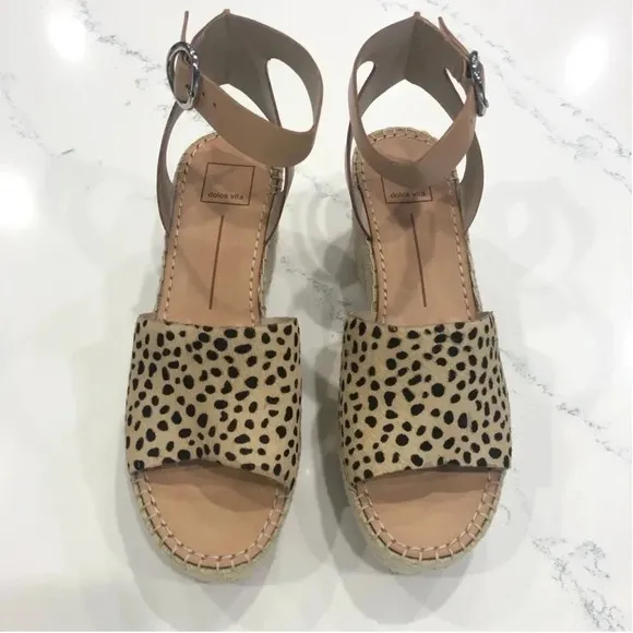 New Dolce Vita Lesly Leopard Calf Hair print Espadrilles sandals ankle strap fur