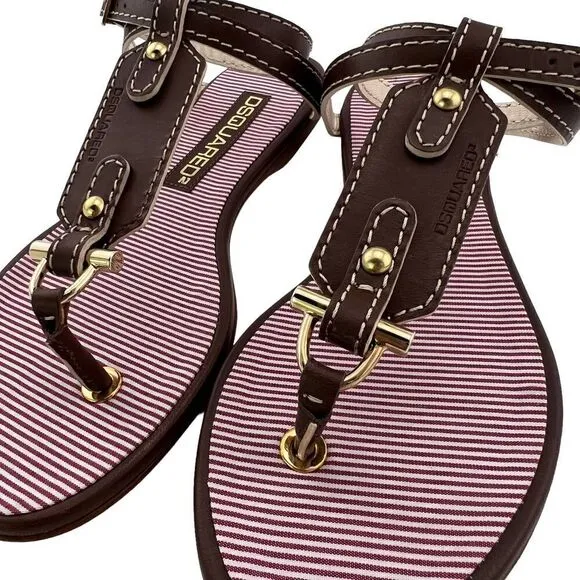 New Dsquared 2 Women 6 / 36 Sandals Brown Leather Flat Ankle Gold T-Strap Shoes