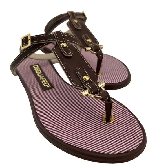 New Dsquared 2 Women 6 / 36 Sandals Brown Leather Flat Ankle Gold T-Strap Shoes