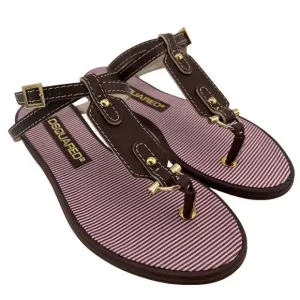 New Dsquared 2 Women 6 / 36 Sandals Brown Leather Flat Ankle Gold T-Strap Shoes
