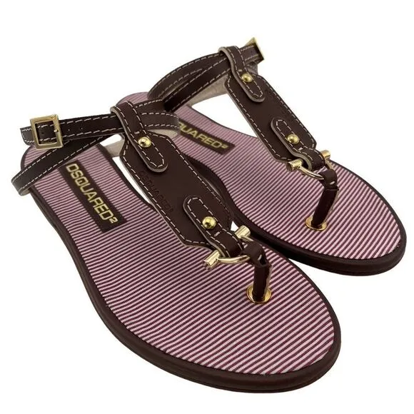 New Dsquared 2 Women 6 / 36 Sandals Brown Leather Flat Ankle Gold T-Strap Shoes