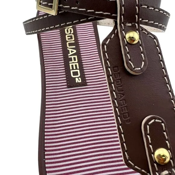 New Dsquared 2 Women 6 / 36 Sandals Brown Leather Flat Ankle Gold T-Strap Shoes