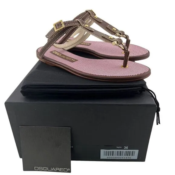 New Dsquared 2 Women 6 / 36 Sandals Brown Leather Flat Ankle Gold T-Strap Shoes