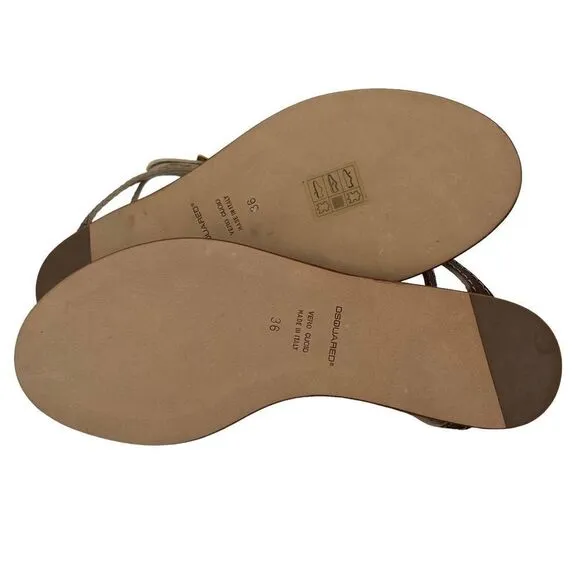 New Dsquared 2 Women 6 / 36 Sandals Brown Leather Flat Ankle Gold T-Strap Shoes