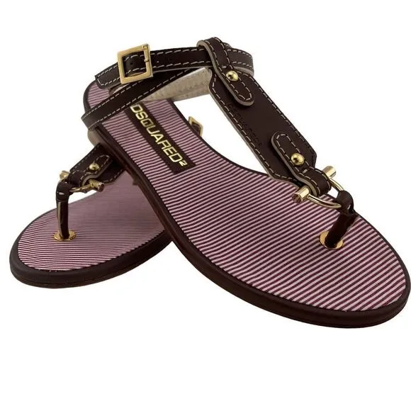 New Dsquared 2 Women 6 / 36 Sandals Brown Leather Flat Ankle Gold T-Strap Shoes
