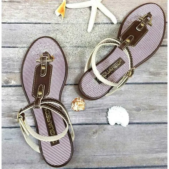 New Dsquared 2 Women 6 / 36 Sandals Brown Leather Flat Ankle Gold T-Strap Shoes