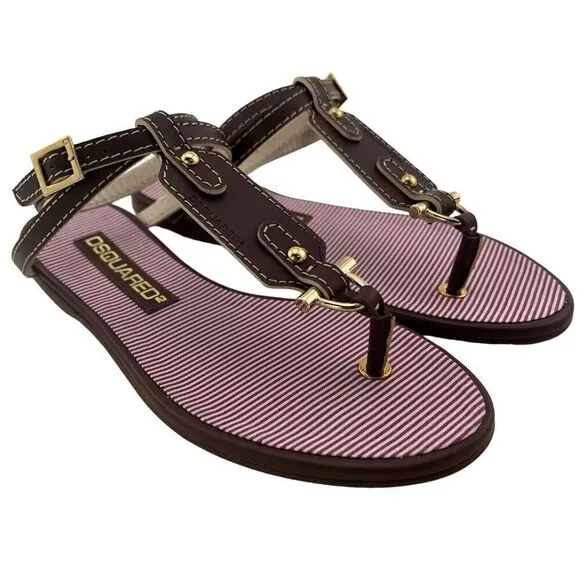 New Dsquared 2 Women 6 / 36 Sandals Brown Leather Flat Ankle Gold T-Strap Shoes
