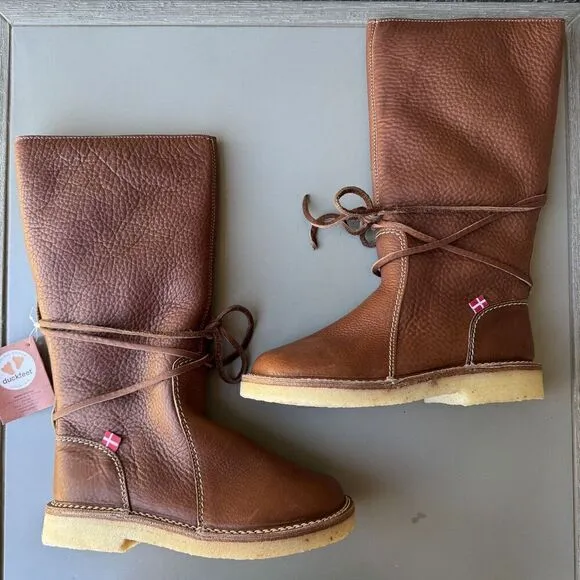 NEW DUCKFEET Silkeborg Sz 37 Leather Tall Boot Nut Brown Sheep Wool Wide Toebox