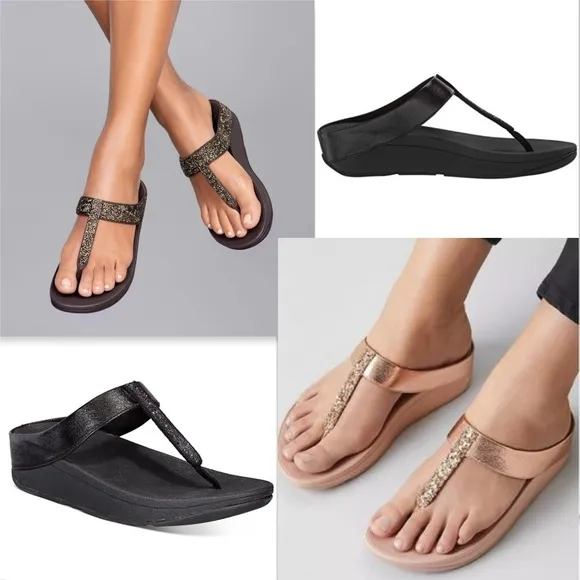 New FITFLOP Black Glitter T-Strap Thong Sandals 10