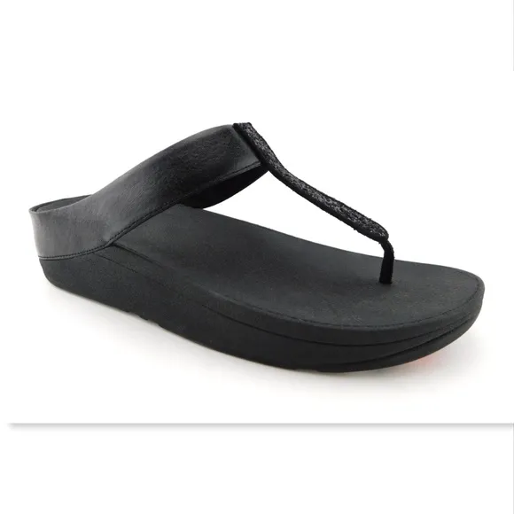 New FITFLOP Black Glitter T-Strap Thong Sandals 10