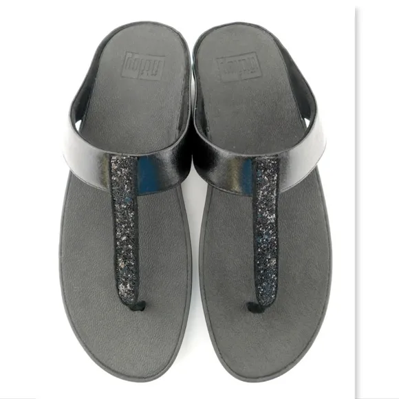 New FITFLOP Black Glitter T-Strap Thong Sandals 10