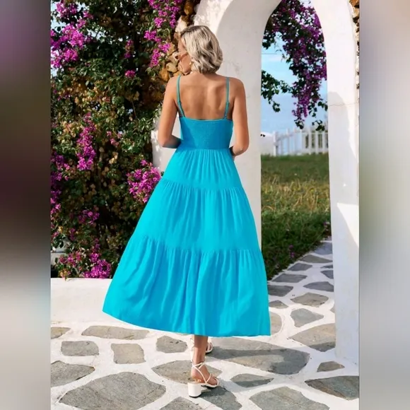 New Flowy Boho Ruched Cami Maxi Dress Blue