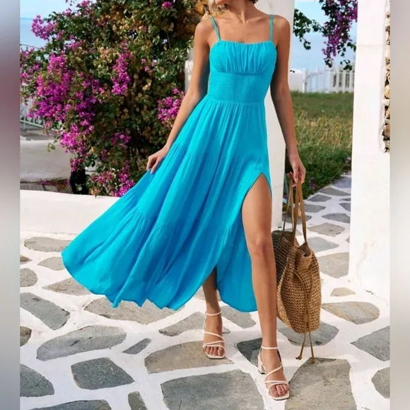 New Flowy Boho Ruched Cami Maxi Dress Blue