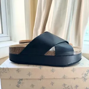 New Free People Sidelines Flatform Sandals Slip On Leather Shoes Black Cork