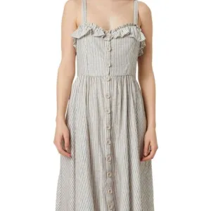 NEW** FRENCH CONNECTION - Button Front Midi Dress - Casual Chic | Stripe Ruffle