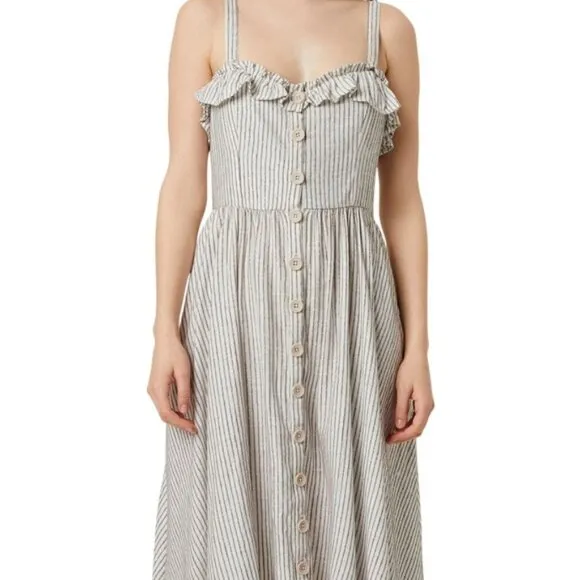 NEW** FRENCH CONNECTION - Button Front Midi Dress - Casual Chic | Stripe Ruffle