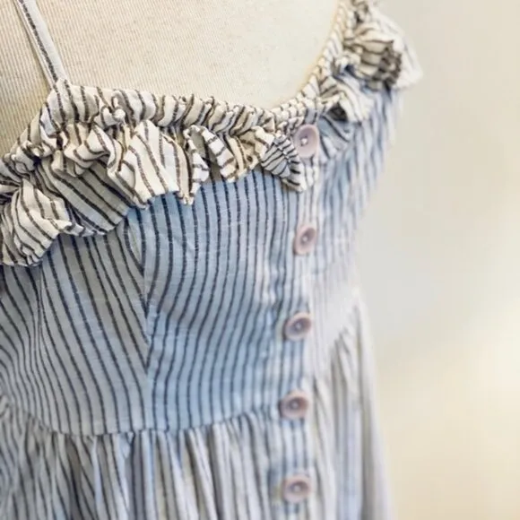 NEW** FRENCH CONNECTION - Button Front Midi Dress - Casual Chic | Stripe Ruffle