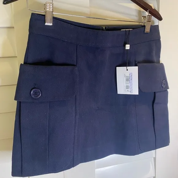 New Gianfranco Ferre GF Dark Navy Mini Skirt with Front Deep Pockets Logo Button