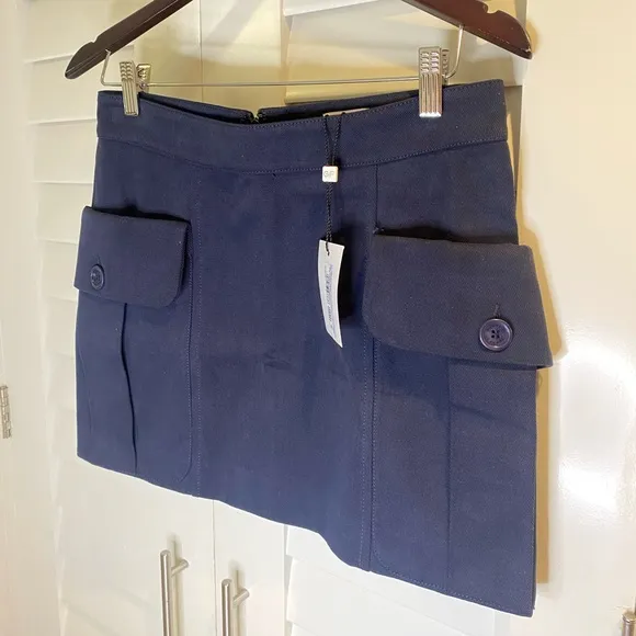 New Gianfranco Ferre GF Dark Navy Mini Skirt with Front Deep Pockets Logo Button