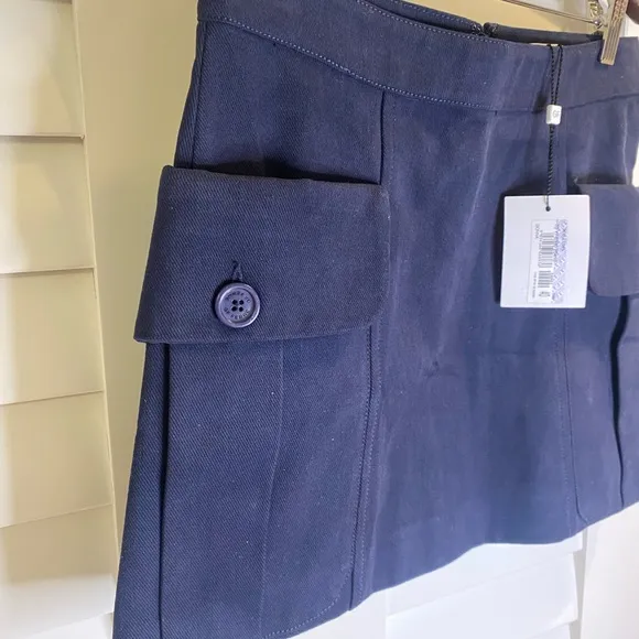 New Gianfranco Ferre GF Dark Navy Mini Skirt with Front Deep Pockets Logo Button