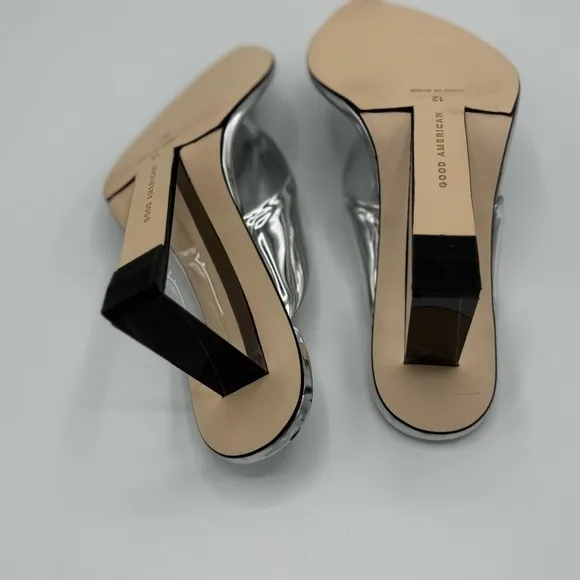 NEW Good American Clear Block Heel Thong Sandals dust bag no box Silver Sz 12