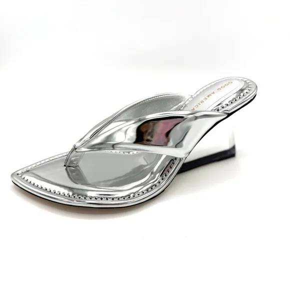 NEW Good American Clear Block Heel Thong Sandals dust bag no box Silver Sz 12