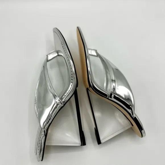 NEW Good American Clear Block Heel Thong Sandals dust bag no box Silver Sz 12