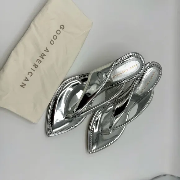 NEW Good American Clear Block Heel Thong Sandals dust bag no box Silver Sz 12